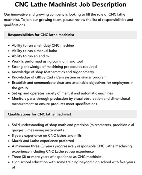 cnc lathe machine job description|cnc machinist apprentice job description.